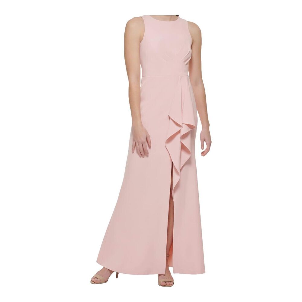 Eliza‎ J Sleeveless Pink Cross Bodice Cascading Ruffle Maxi Gown w/Split Size 12